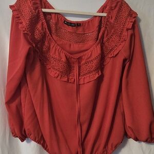 New York & Company Red Ruffled Puff Sleeve Blouse